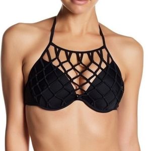 YMI High-Neck Macramé Caged Black Bikini Top Women's Large